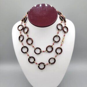 Boho Wood Circle Chain Necklace Pink Bead Accents Gold Tone Lobster Clasp 24"